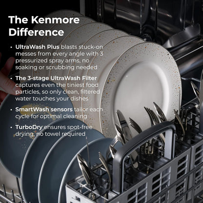 Kenmore Elite 24" Built-in Stainless Steel Tub Dishwasher TurboDry, QuietWash, SmartWash & TurboFlex Third Rack-15 Place Settings-42 DBA, Energy Star Certified, Fingerprint Resistant