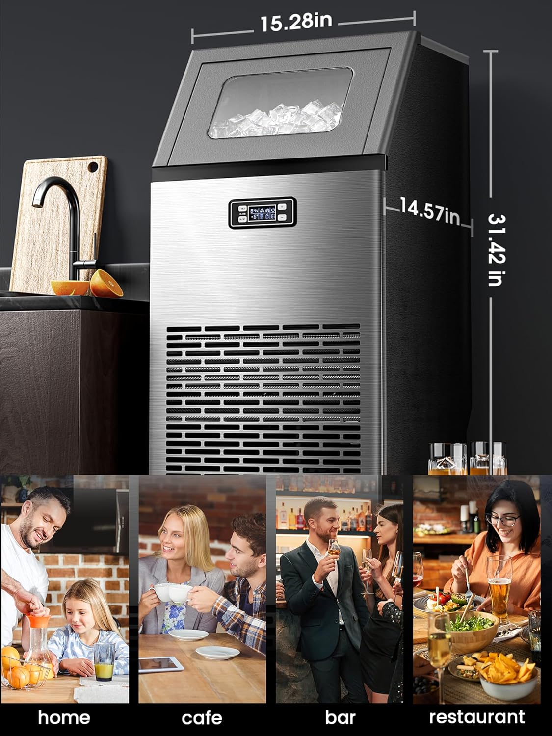 Commercial Ice Maker,2025 Upgraded-101lbs/24H Stainless Steel Ice Machine with 33lbs Storage Capacity, Auto Self-Cleaning, LED Digital Display, 45 Ice Cubes in 12 Mins,Home/Bar/Restaurant