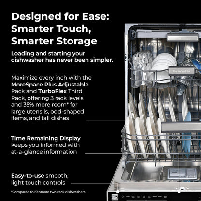 Kenmore Elite 24" Built-in Stainless Steel Tub Dishwasher TurboDry, QuietWash, SmartWash & TurboFlex Third Rack-15 Place Settings-42 DBA, Energy Star Certified, Fingerprint Resistant