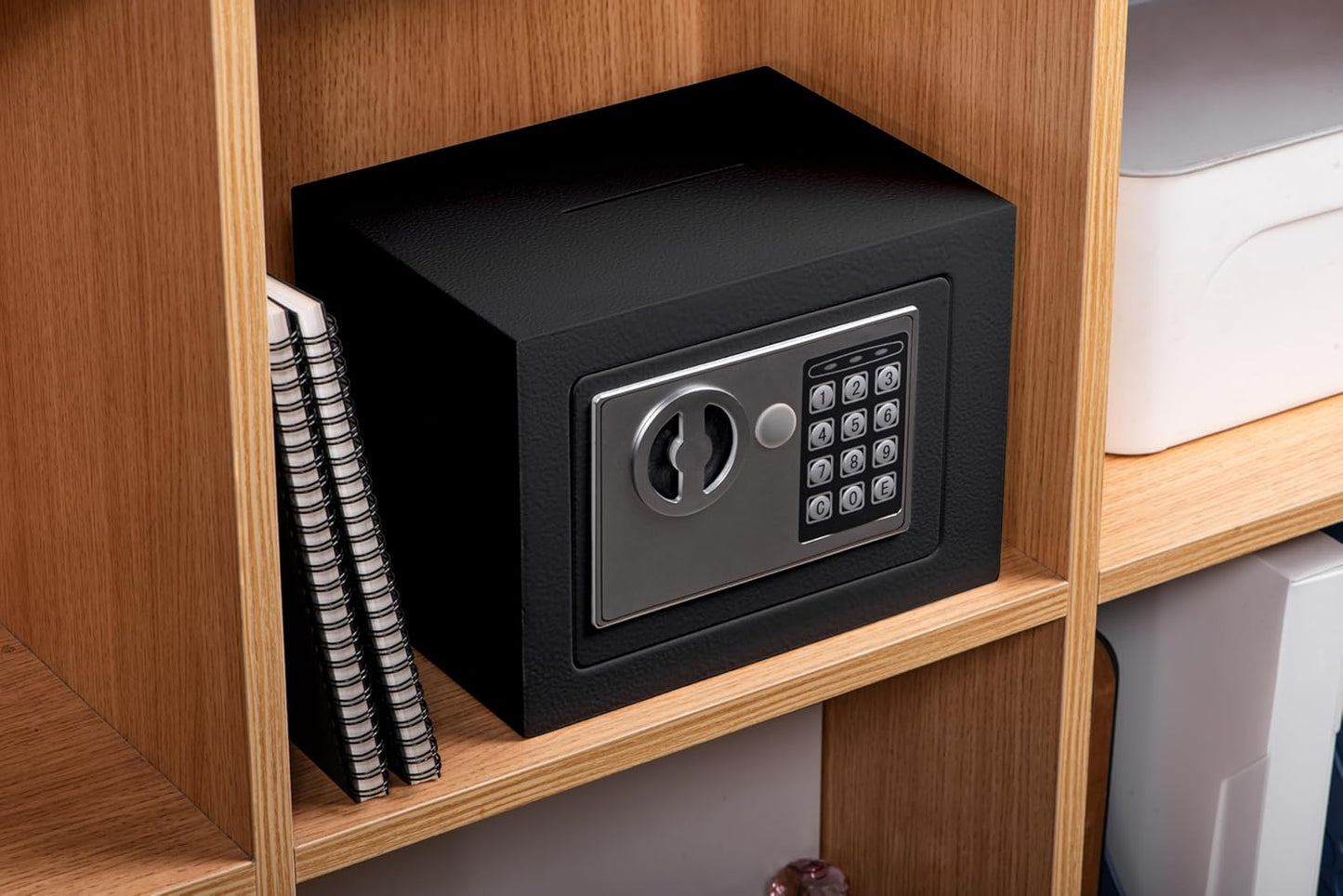 Small Electronic Safe Box With Digital Keypad & Keys - 9.05 x 6.7 x 6.7 Inches Wall Safe 0.23Cuft Mini Security Box for Coin Home Office Hotel Rooms Business Jewelry Gun (Black)