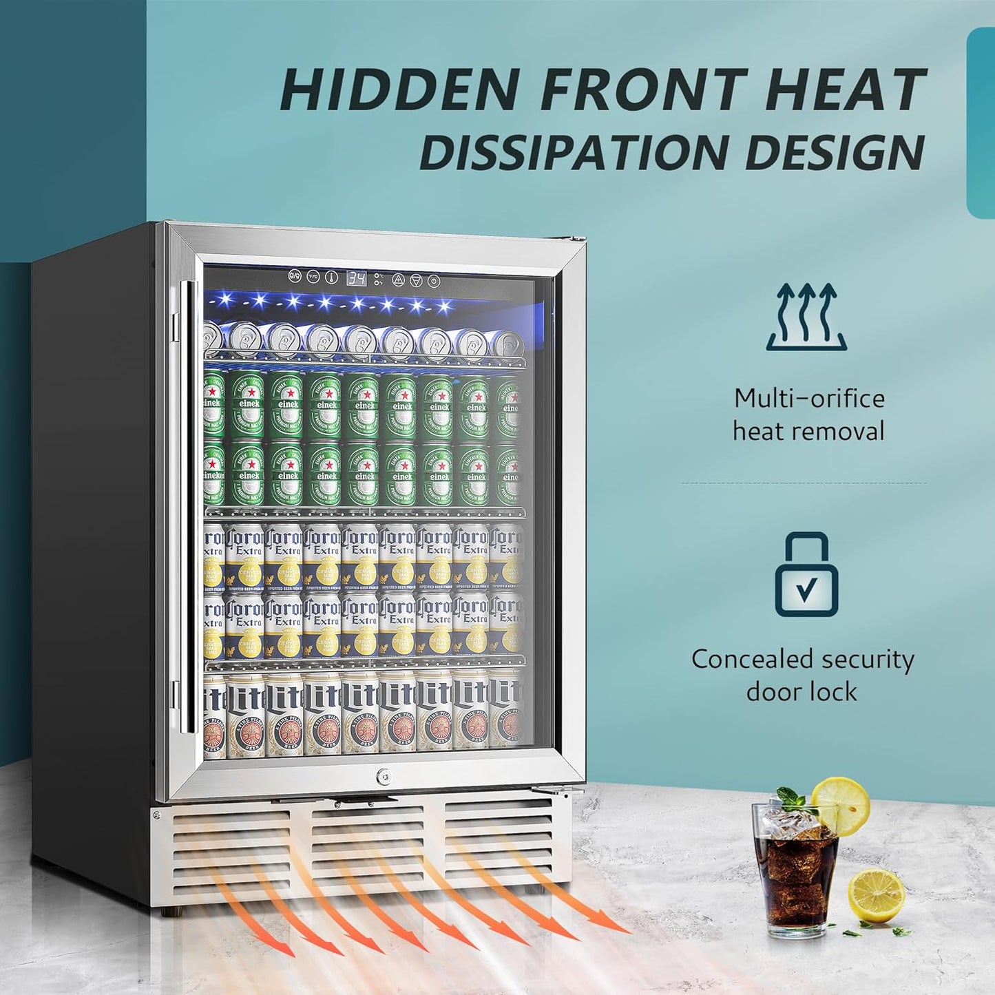 EUHOMY 24 Inch Beverage Refrigerator, 180 Can Built-in Beverage Cooler, Under Counter Beer Fridge with Glass Door for Soda, Water, Wine - For Kitchen, Bar or Office