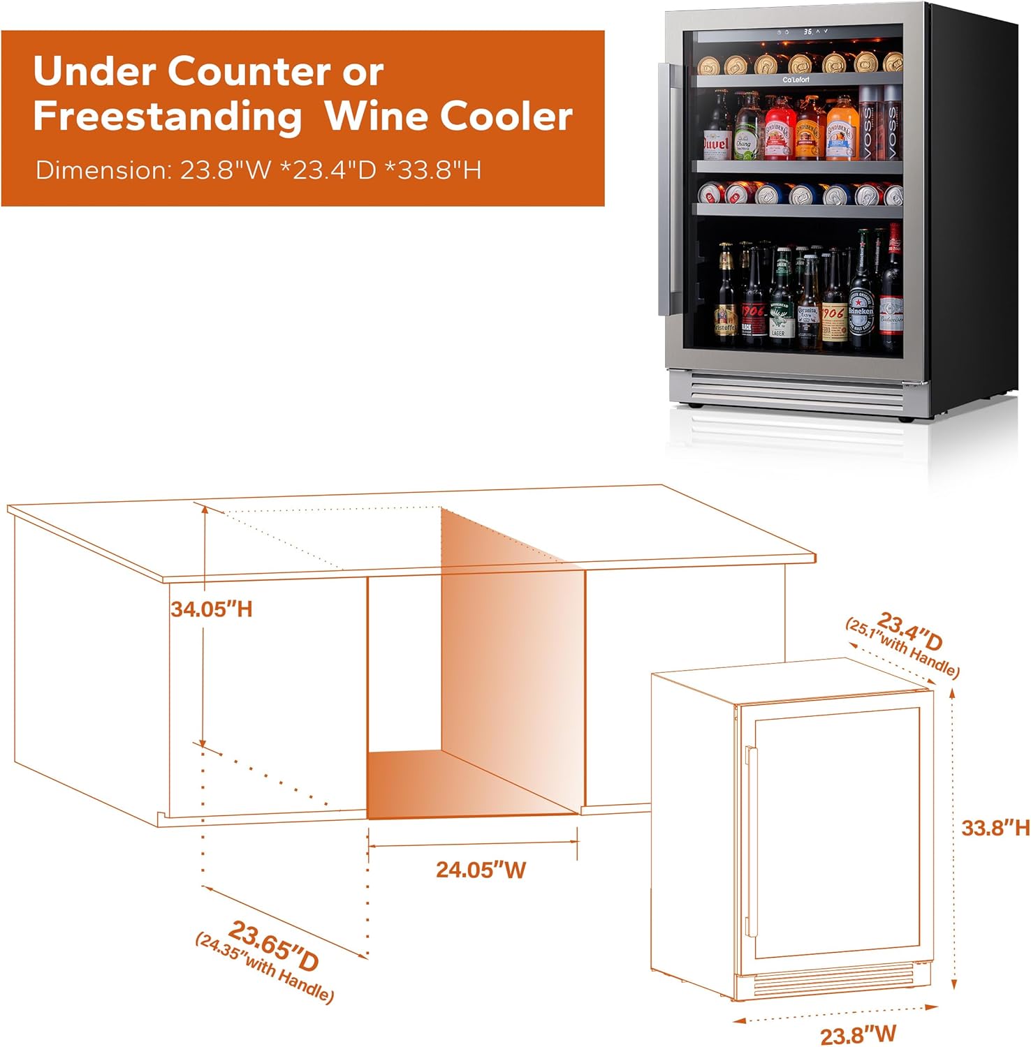 Ca'Lefort 24 Inch Beverage Refrigerator, 180 Can 34°F -54°F Beverage Fridges, Drink Fridge with Glass Door 3 LED Beverage Coolers Built in or Freestanding, Perfect for Home/Kitchen(5.65 cu.ft)