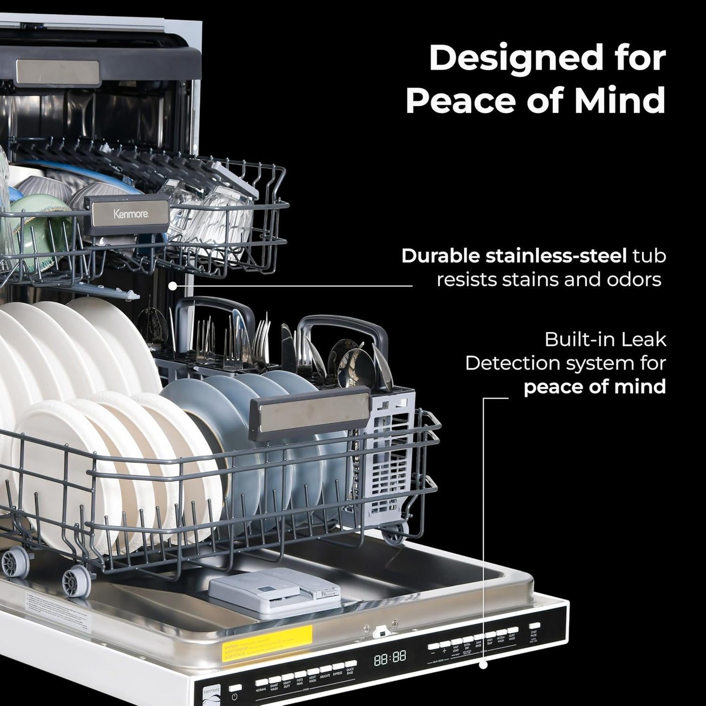 Kenmore 22-14622 24" Built-in Dishwasher-Quiet Tub with TurboDry, Leak, & SmartWash Soil Detection-15 Place Settings-49 DBA-Energy Star Certified, 24.61"D x 23.55"W x 33.88"H, White